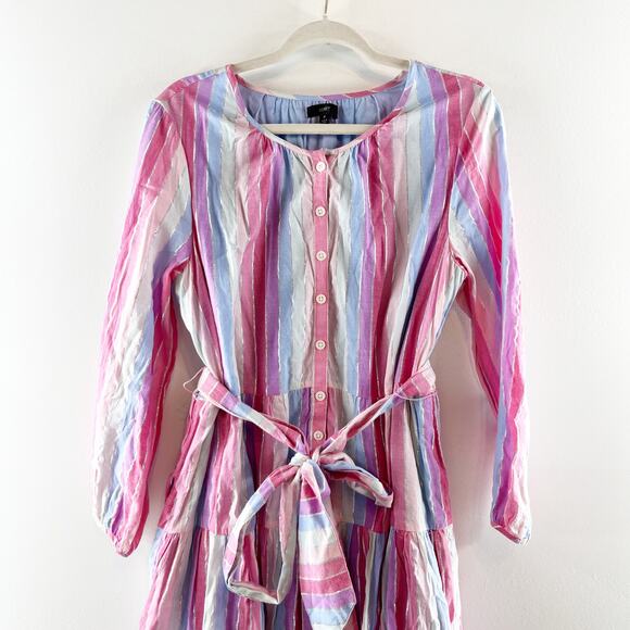 J. Crew Belted Button Up Long Sleeve Mini Dress in Pastel Stripe Purple Pink M - Picture 5 of 10